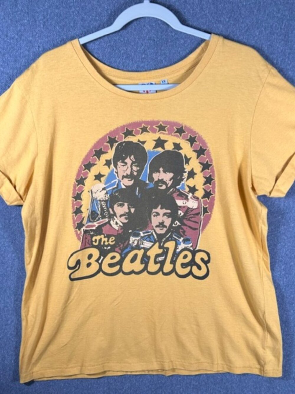 Junk Food Clothing Beatles Band Tee Shirt Womens Sz XL Mustard Yellow S/S - EUC